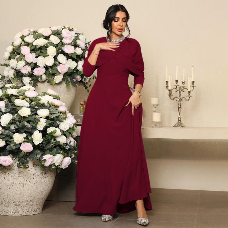 Elegante vestido musulmán abaya con escote de cuentas y mangas largas - Ropa islámica modesta para mujer (azul/borgoña, tallas S-XXL)_voghion.com
