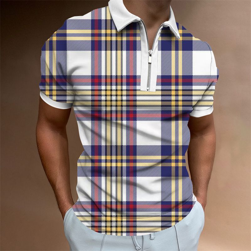 Polo da uomo con cerniera a stampa intera a colori scozzesi 3D estate strada casual manica corta abbigliamento da uomo alla moda_voghion.com