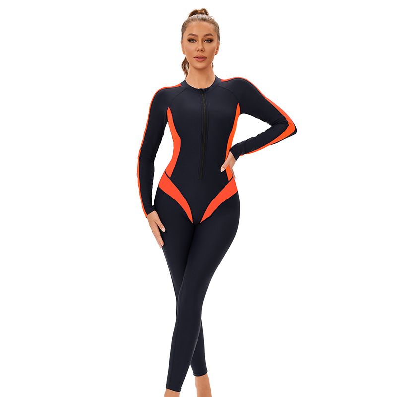Maillot de bain musulman une pièce pour femme, couleur assortie, pantalon à manches longues, style conservateur, fermeture éclair intégrale_voghion.com