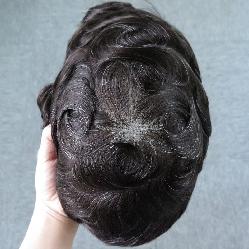 Swiss Lace Toupee For Men 100% Human Hair Piece 90% Density Hair Replacement System Natural Hairline Real Men Wigs Off Black With 20% Grey Color #1B20_voghion.com