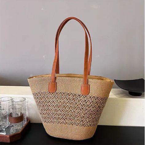 Tasche für Damen, Sommer-Strandtasche, große Kapazität, Schultertasche aus gewebtem Rattan-Stroh, Korbeimer_voghion.com