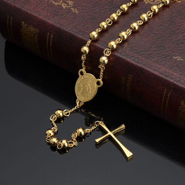 Collana con ciondolo a croce di Gesù in acciaio inossidabile color oro per donne, gioielli religiosi cristiani, rosari, regali semplici_voghion.com