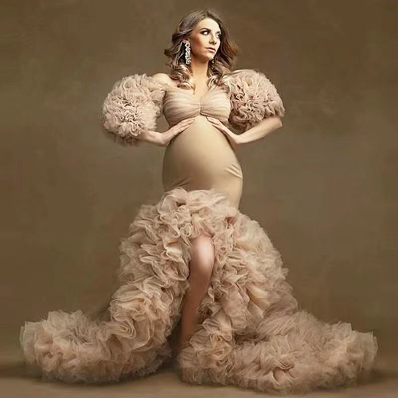 Vêtements pour femmes offre spéciale femmes enceintes photo robe de mariée sexy fente devant maille tulle jupe bouffante une épaule robe en coton extensible_voghion.com