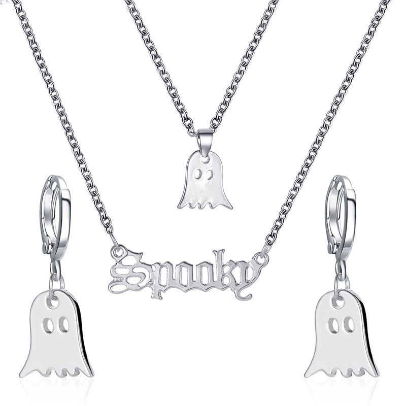 set van eenvoudige en interessante dubbele laag letter spook ketting grappige elf oorbellen Halloween accessoires_voghion.com