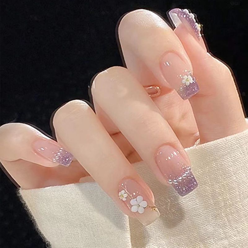 24 pieces per box European nail gold line glitter powder flash false nails white camellia whitening wear nail_voghion.com