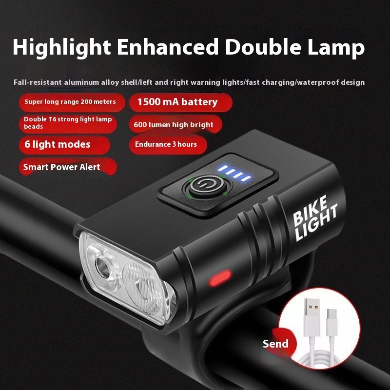 Aluminiumlegierung Fahrradscheinwerfer USB-Aufladung Starkes Licht Regensichere Nacht Mountainbike-Taschenlampe Reitausrüstung_voghion.com