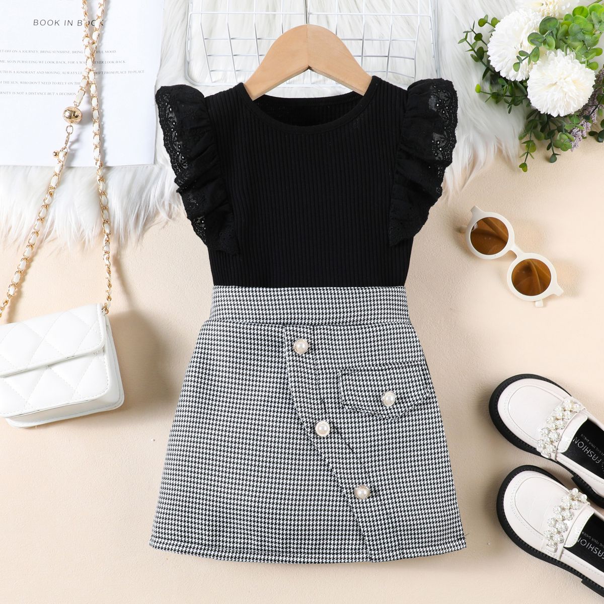 "Girls' Lace & Houndstooth Summer Outfit – Flutter Sleeve Top + Skirt Set (White/Black, 90-130cm)"_voghion.com