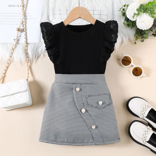 "Girls' Lace & Houndstooth Summer Outfit – Flutter Sleeve Top + Skirt Set (White/Black, 90-130cm)"_voghion.com