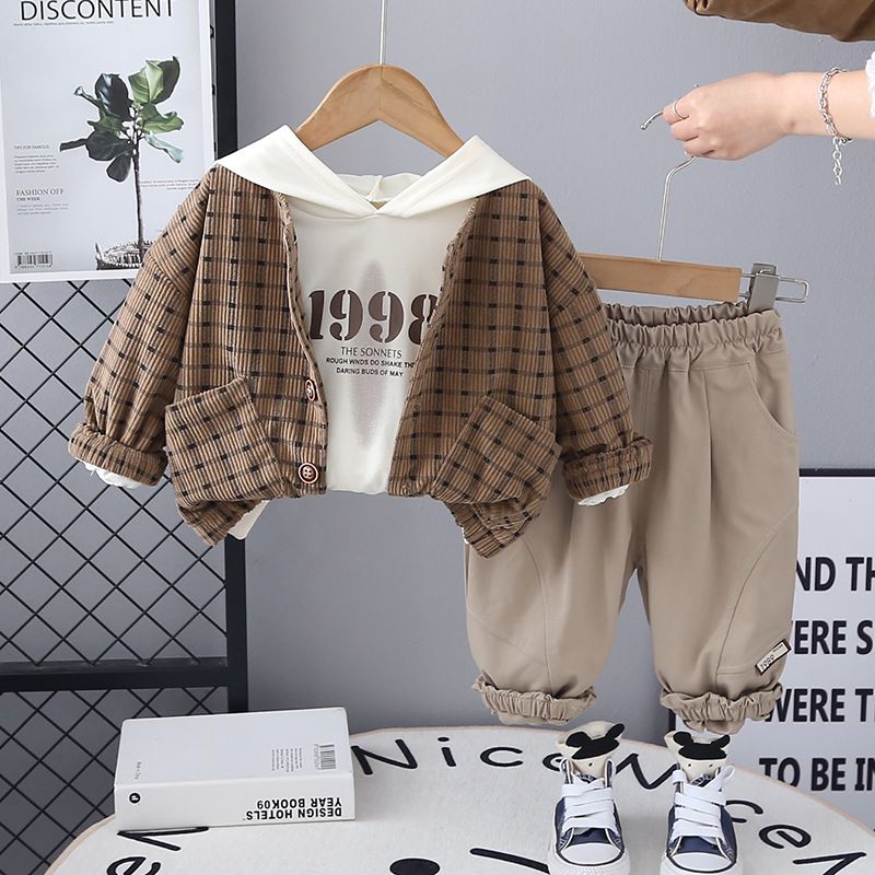 Baby's Stylish Plaid Cardigan Jacket Three Piece Set 2025 Spring And Autumn New Style Boys' Casual Hoodie Sweatshirt_voghion.com