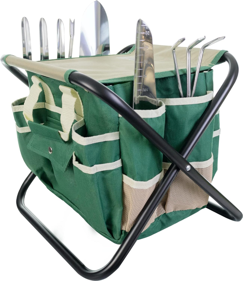 Gardening Tool Set,  7-Piece Gardening Tools Folding Stool and Detachable Canvas Tote Bag, Green and White, Ideal Gardening Gifts  _voghion.com