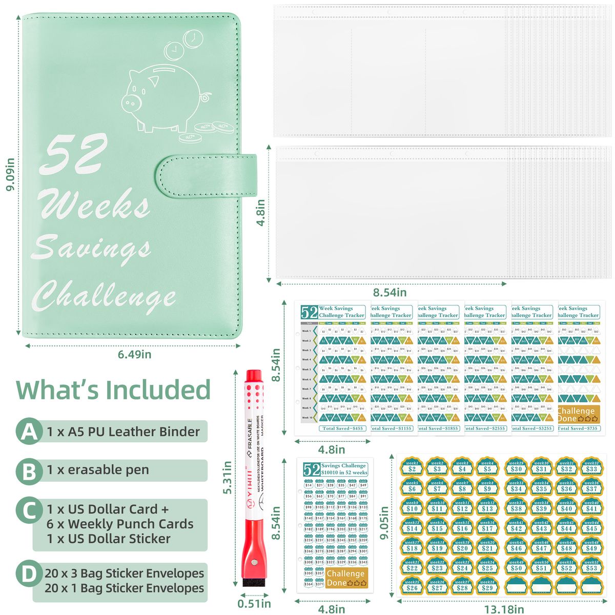 52-Wochen-Spar-Challenge-Planer – Sparschwein-Design, PU-Ledereinband, 48 Seiten mit 52-Wochen-Tracking-Blättern, Whiteboard-Marker und Aufkleber enthalten_voghion.com