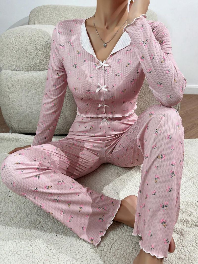 Hot Selling Homewear Long Pants Ribbed Print Bow Collar Rolled Hem Pajamas For Women Wearable Set_voghion.com