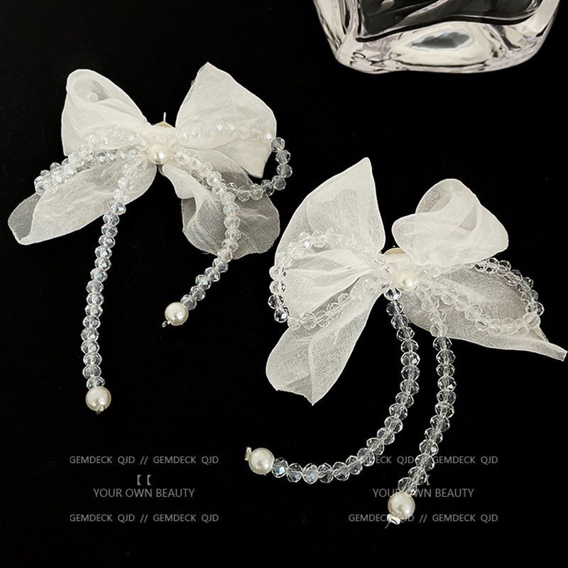 Unisex Super Fairy Weiß Chiffon Romantische Kristallschleife Perlenquastenohrringe Nischendesign High-End-Temperamentohrringe_voghion.com