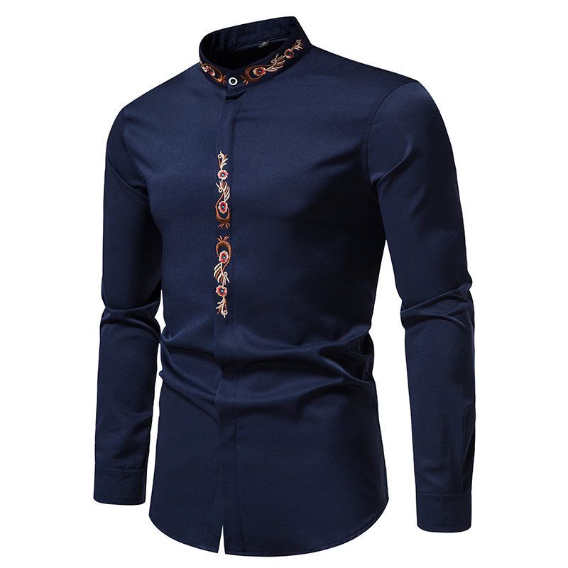 Camicia casual ricamata da uomo – Camicia a maniche lunghe con colletto alto e bottoni | Misto cotone traspirante per primavera e autunno_voghion.com
