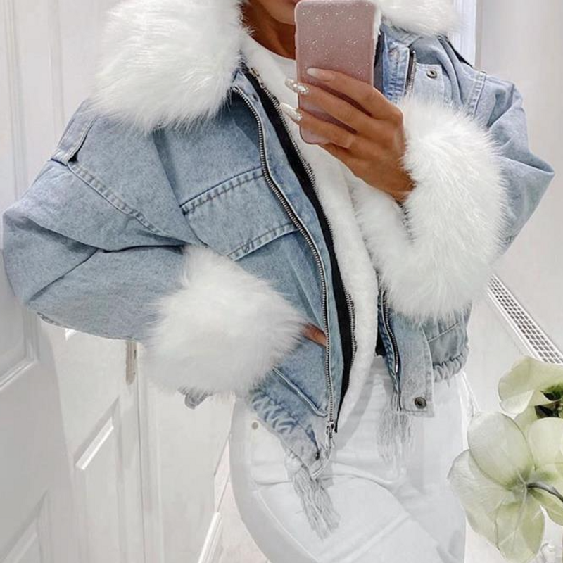 Women's Clothing popular washed white denim short fur one piece jacket_voghion.com