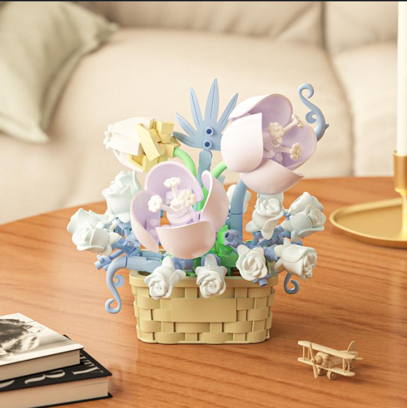 Blocuri de construcție floarea-soarelui coș buchet trandafiri puzzle asamblare ornamente fete cadou de ziua de naștere plante suculente în ghiveci_voghion.com