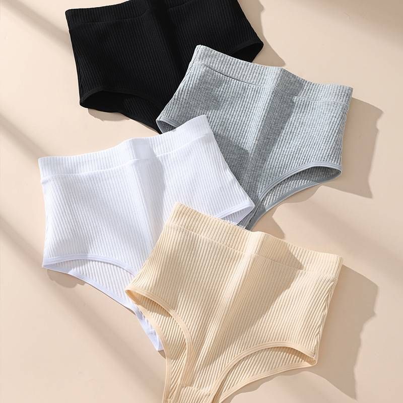 Women's Intimates High Waisted Large Briefs Ribbed Panties High Elastic Large Size Women's Underwear Pure Cotton Breathable Underwear_voghion.com