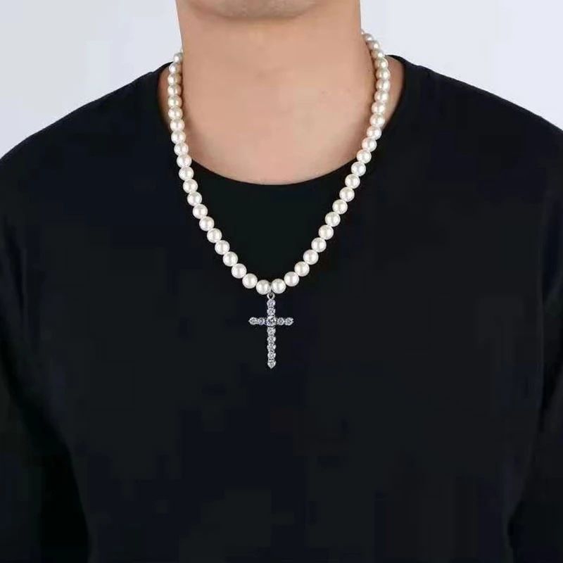 Herren Diamantkreuz Minimalistische Perlenkette, Modischer Herrenschmuck_voghion.com