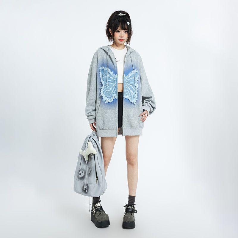 Damkläder street butterfly patch huva kofta sweatshirt höst och vinter ny stil college stil stor storlek lös mångsidig jacka_voghion.com