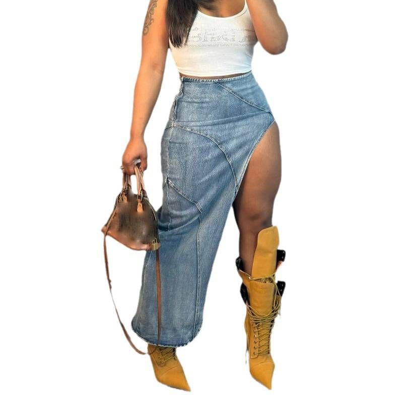 Women's Clothing Slim Fit Sexy Split Stretch Denim Skirt_voghion.com