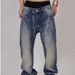 Vintage Washed Distressed Jeans For Men – High Street Hip-Hop Slim Fit Bootcut Denim Pants (Blue )_voghion.com