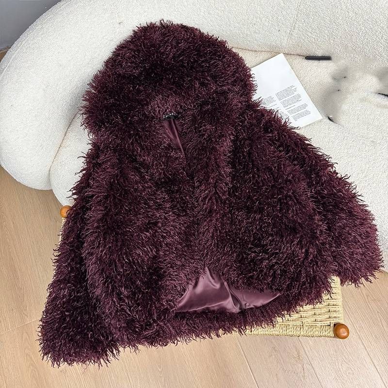 ​​Luxury Faux Shearling Coat Women's Vintage-Inspired Long Sleeve Jacket With Detachable Fur Collar – Boho Chic & Retro Elegance​​_voghion.com