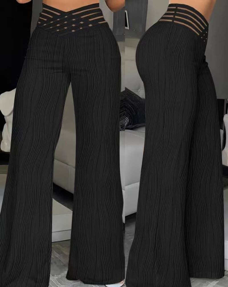 Ropa de mujer, pantalones casuales de cintura alta a la moda, pantalones drapeados plisados ​​con ondas de agua huecas, pantalones de pierna ancha para mujer_voghion.com