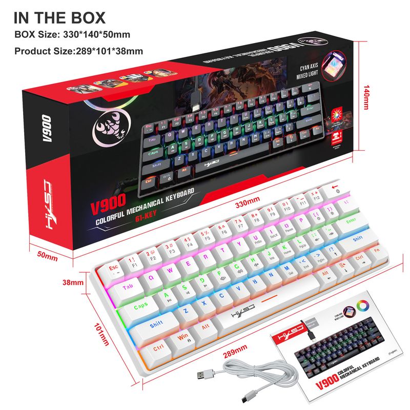 V900 wired mechanical with multiple dazzling lights, 61key green axis office gaming keyboard_voghion.com