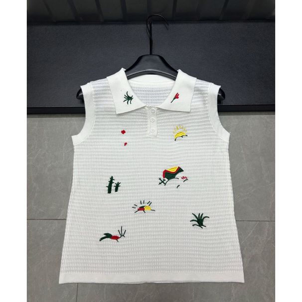 2025 Sommer Neue Blumen Bunte Stickerei Ärmelloses Drehen-unten Kragen Pullover Weste Lose Vielseitige frauen Gestrickte Top_voghion.com