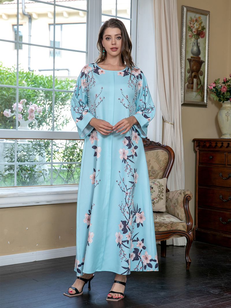 Moslim ronde hals gewaad abaya diamant pistool kralen print jurk_voghion.com