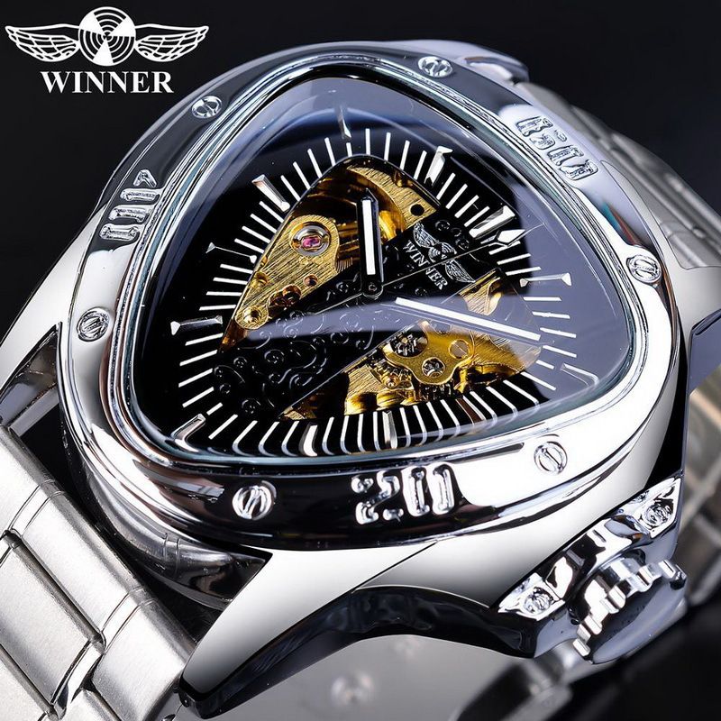 New WINNER Skeleton Triangle Fully Automatic Mechanical Men's Steel Band Student Watch_voghion.com
