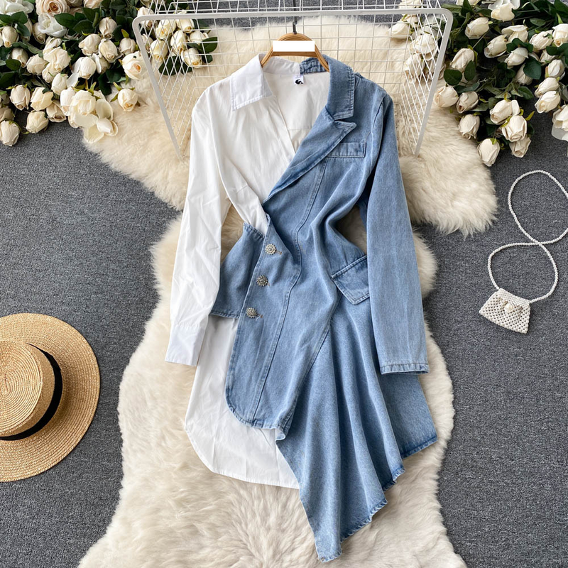 Îmbrăcăminte pentru femei de primăvară și toamnă nouă, cămașă cu mânecă lungă neregulată, îmbinată în denim, rochie de stradă cu temperament, design pentru femei, sense niche_voghion.com