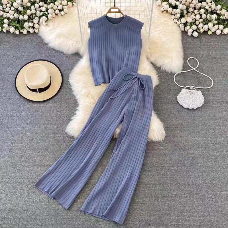 Women's Clothing Fashion casual suit women's knitted wide leg pants high waist loose mopping pants casual trousers two piece sleeveless top_voghion.com