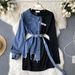 Women's Clothing Denim shirt patchwork dress long sleeves asymmetrical design niche waist slimming hip skirt_voghion.com