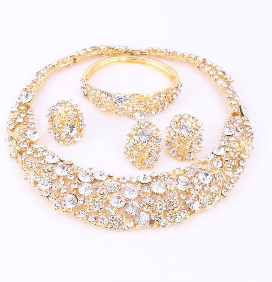 Aafrika helmed Kullatud Säravad Lilled Kristallidest Kaelakee Kõrvarõngad Käevõru Sõrmus Ehete Komplekt_voghion.com