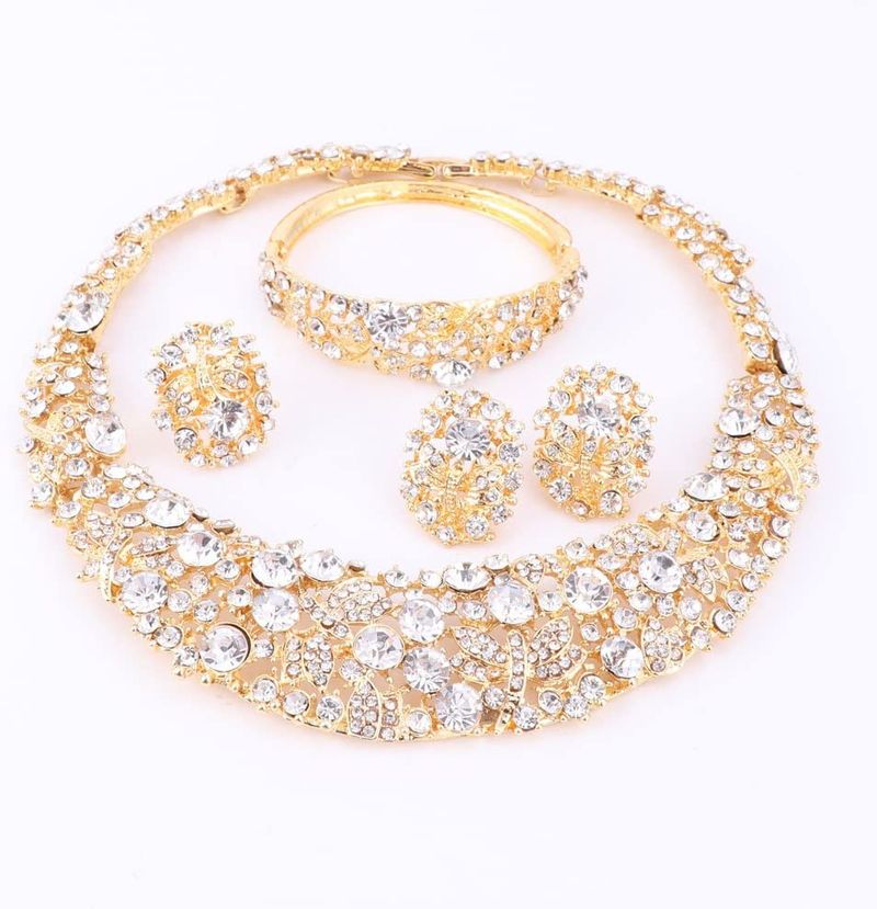 Afrikanske perler gullbelagt Shinning Flower Crystal Halskjede Øredobber Bangle Ring smykker sett_voghion.com