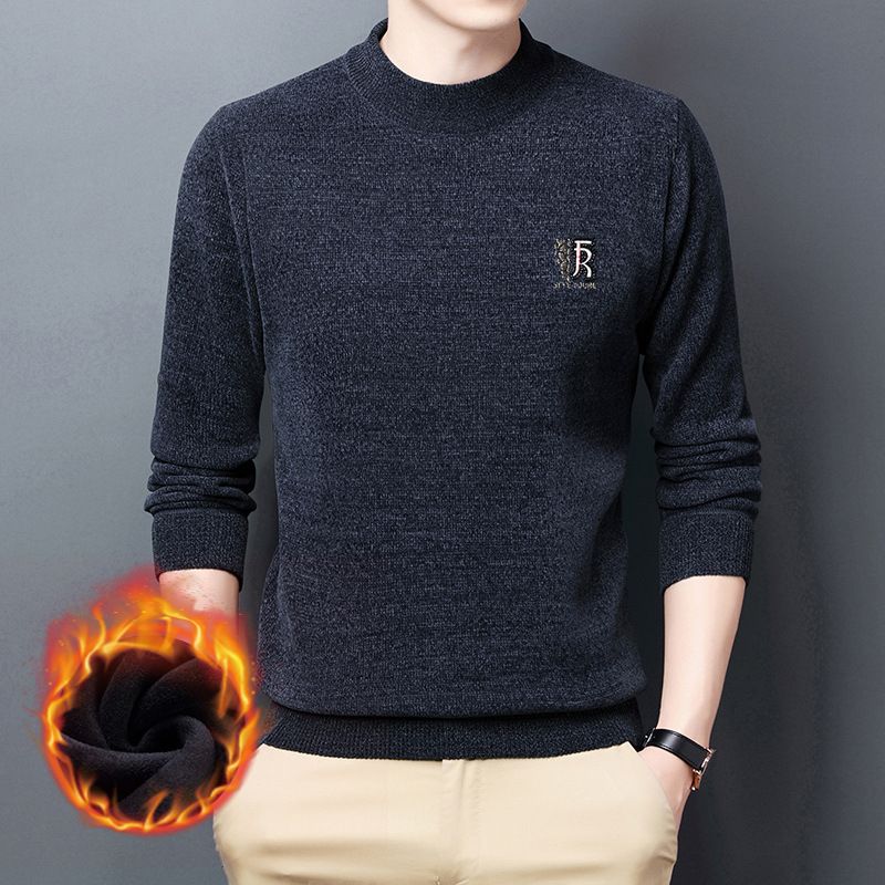Men's Clothing Fleece-lined Chenille Sweater Men's Winter Half-turtleneck Thickened Warm Base Sweater _voghion.com
