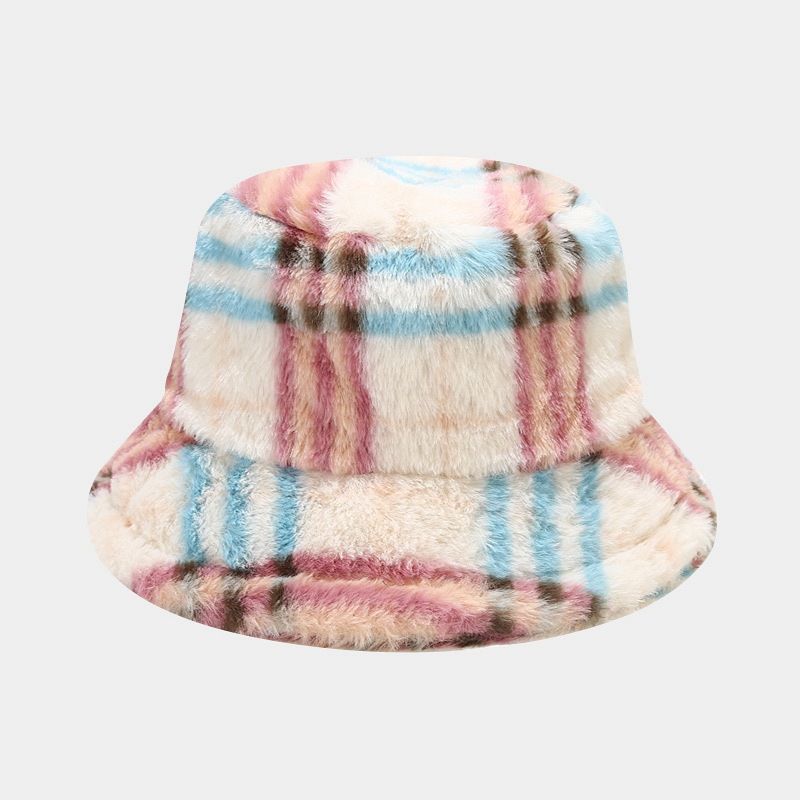 Autumn and winter new fisherman's hat women's plaid pattern fluffy basin hat outdoor thermal visor tide_voghion.com