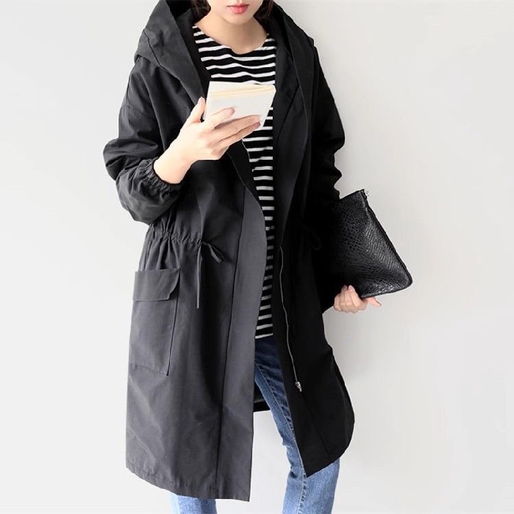 Japanese Korean large pocket drawstring waist cinching hooded windbreaker for women 2024 autumn and winter lazy British_voghion.com