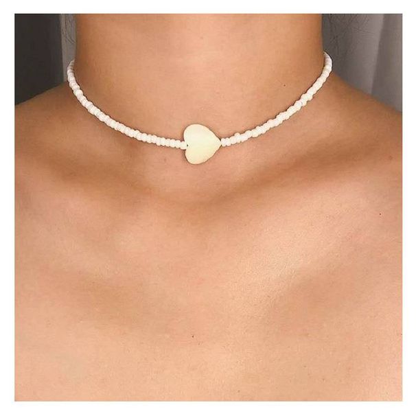 Collier de perles de riz colorées style bohème, cœur pêche, clavicule, collier pour femme_voghion.com