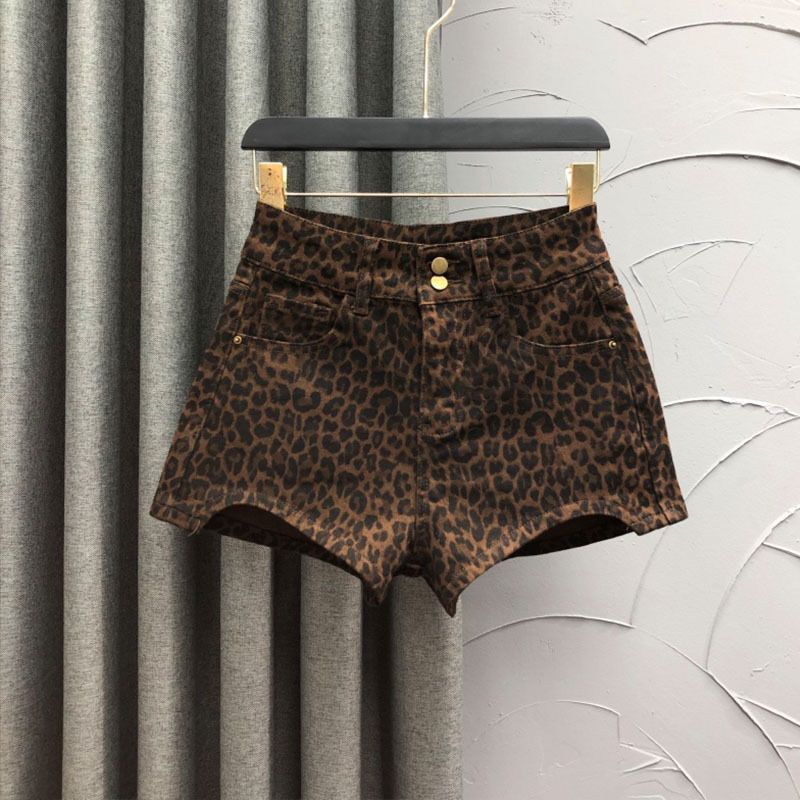 Pantaloncini in denim marrone con stampa leopardata personalizzata da donna, stile alla moda, stile anti-età, stile hot girl, pantaloni attillati elastici a trapezio_voghion.com