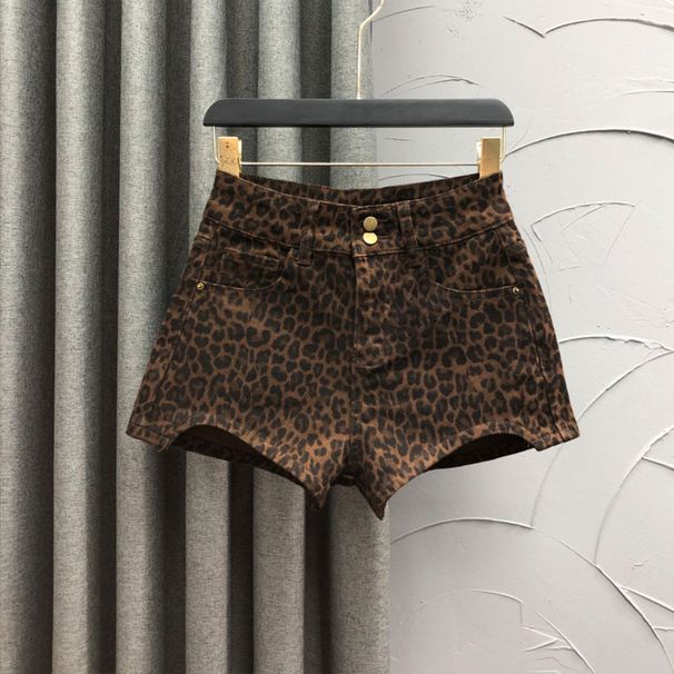 Pantaloncini in denim marrone con stampa leopardata personalizzata da donna, stile alla moda, stile anti-età, stile hot girl, pantaloni attillati elastici a trapezio_voghion.com