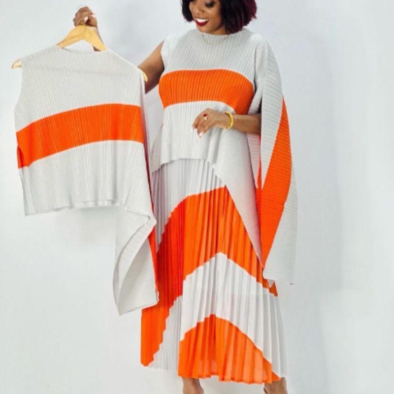 Ensemble deux pièces plissé pour femme, haut sans manches de couleur contrastée + jupe ample décontractée de grande taille_voghion.com
