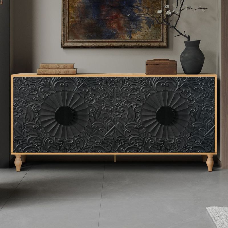 Black Carved Symmetrical Design Door And Wood Coloured Frame For TV Stand Table,Living Room ,Entryway_voghion.com