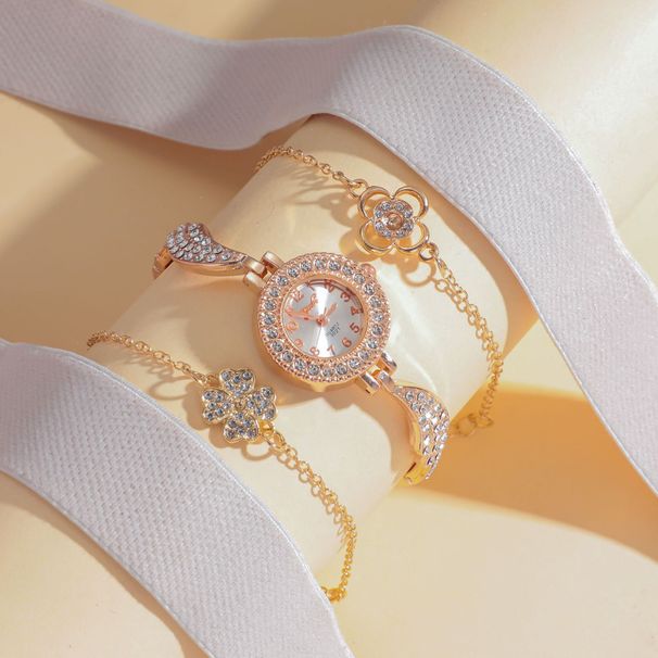 Ženska modna univerzalna diamantna jeklena zapestnica z digitalnim številčnikom in diamantnim cvetličnim vzorcem, komplet 3 kosov_voghion.com