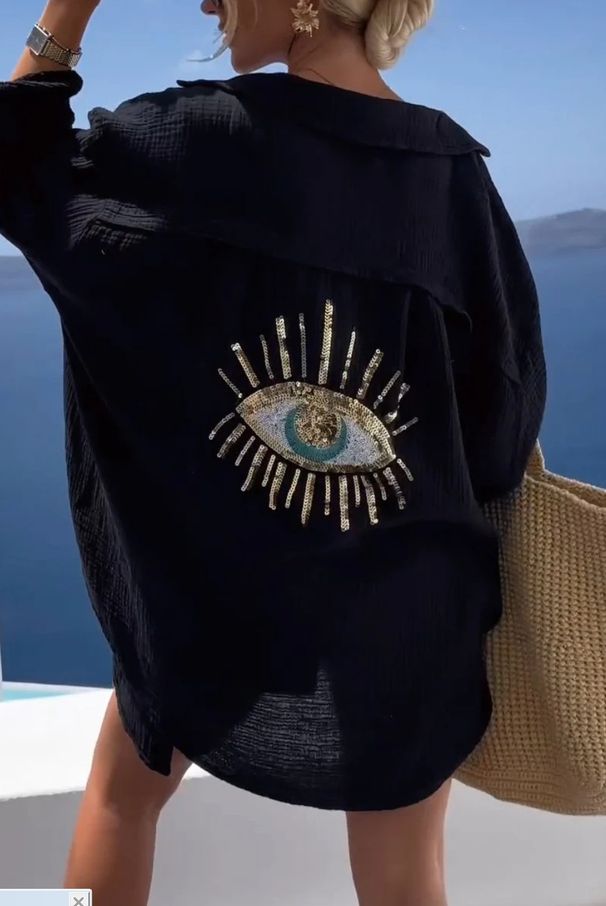 Lässiges Langarm-Button-Down-Hemd aus Leinen-Baumwoll-Mischgewebe für Damen mit Ösenmuster und Goldfoliendetail – Lockere Passform, modisches Oberteil für Frühling und Sommer_voghion.com