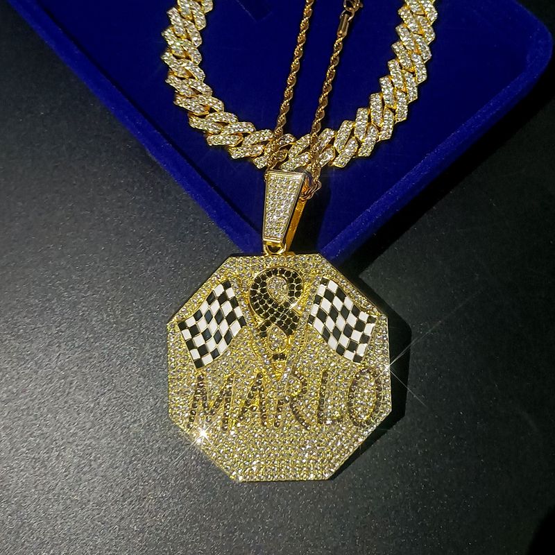 Schmuck eingelegter Diamant Achteck Emaille Brief Anhänger Zubehör Hip Hop Herren Halskette_voghion.com
