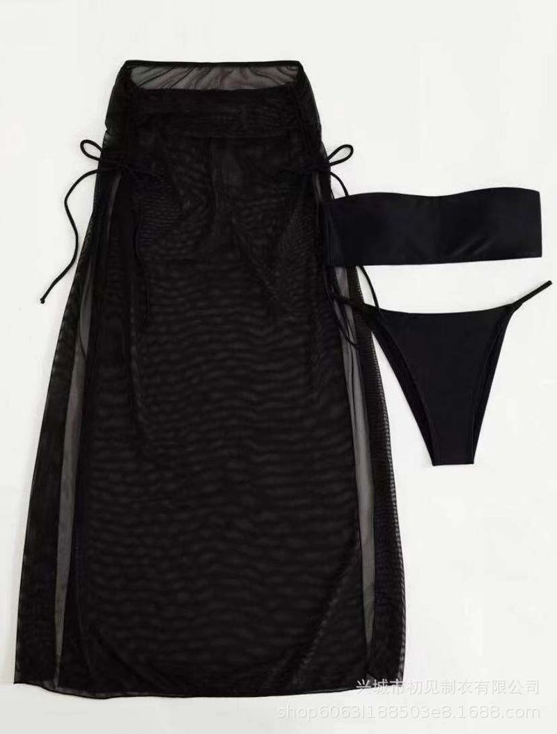 Black Solid Split Bikini with Steel Rims Sexy Gathering One Size Three Piece Swimsuit_voghion.com
