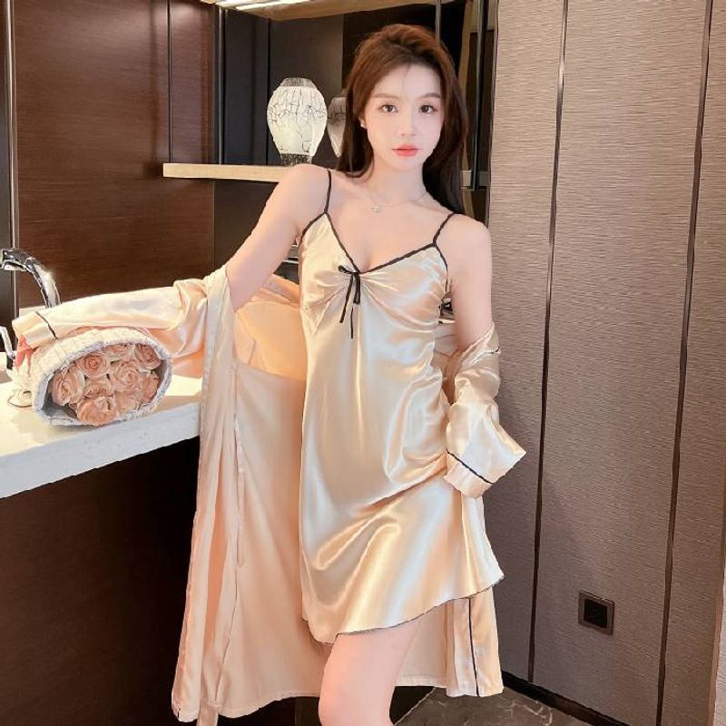 Spring and autumn new style nightgown ladies summer simulation silk sling nightgown sexy seduction ice silk suit two-piece set_voghion.com