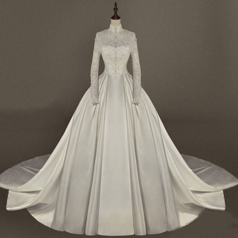 Abbigliamento donna Abito da sposa sposa grande strascico manica lunga pizzo taglia slim_voghion.com